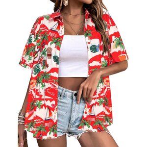 Women Red Christmas Hawaiian Button Down Shirts Short Sleeve Casual Floral Shirt